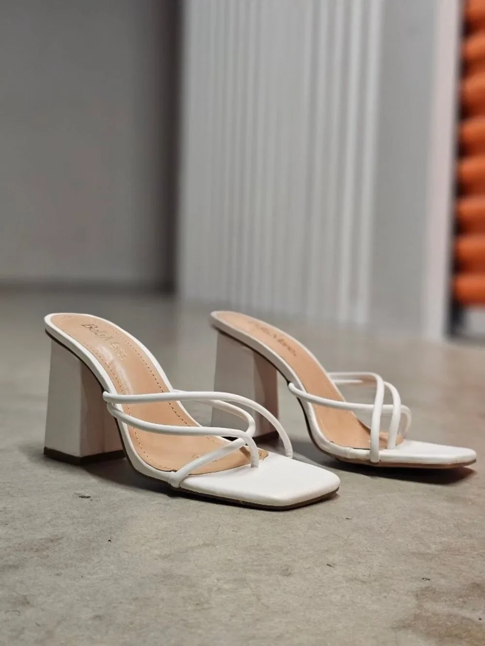 Womens White Strappy Block Heel Sandals With Square Toe Design